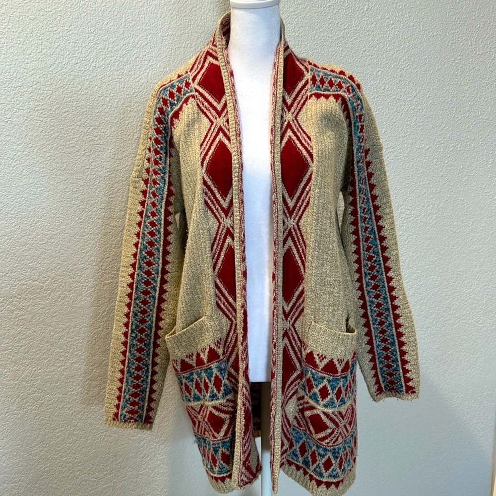 Lucky Brand Women’s Bohemian Cream And Red Sweater Cardigan Size Small